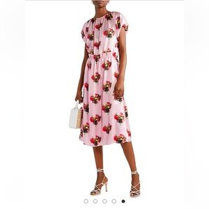 Adam Lippes Women Silk Pink Floral Ruffle Midi Dress